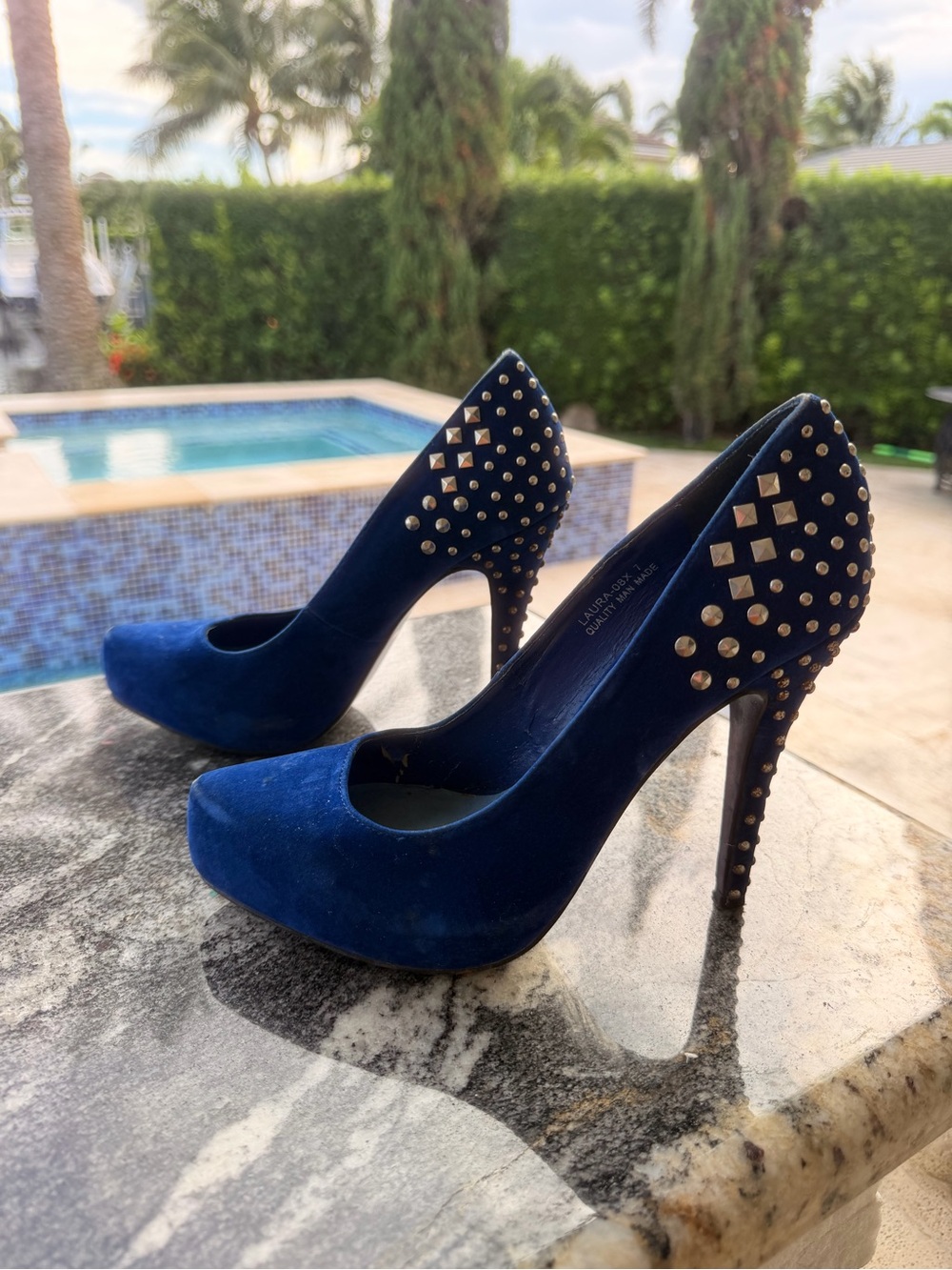 Navy Blue Velvet Studded High Heel Pumps